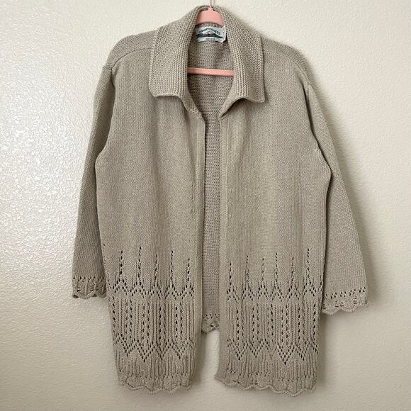 Aran‎ Crafts Ireland Cardigan Womens Large Tan Knit Eyelet Fisherman Sweater - Picture 3 of 13